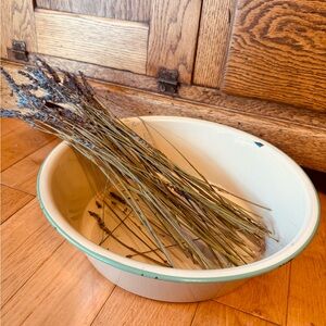 Vintage Enamelware Chippy Rustic Wash Basin Cream & Green trim Enamel Bowl
